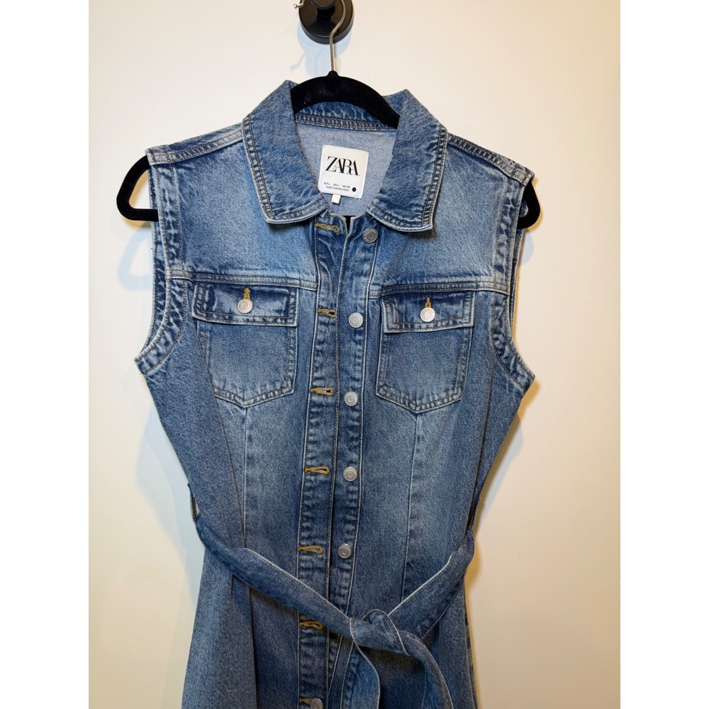 Zara Womens Blue Denim Sleeveless Button Front Belted Midi Dress Large - Picture 3 of 7